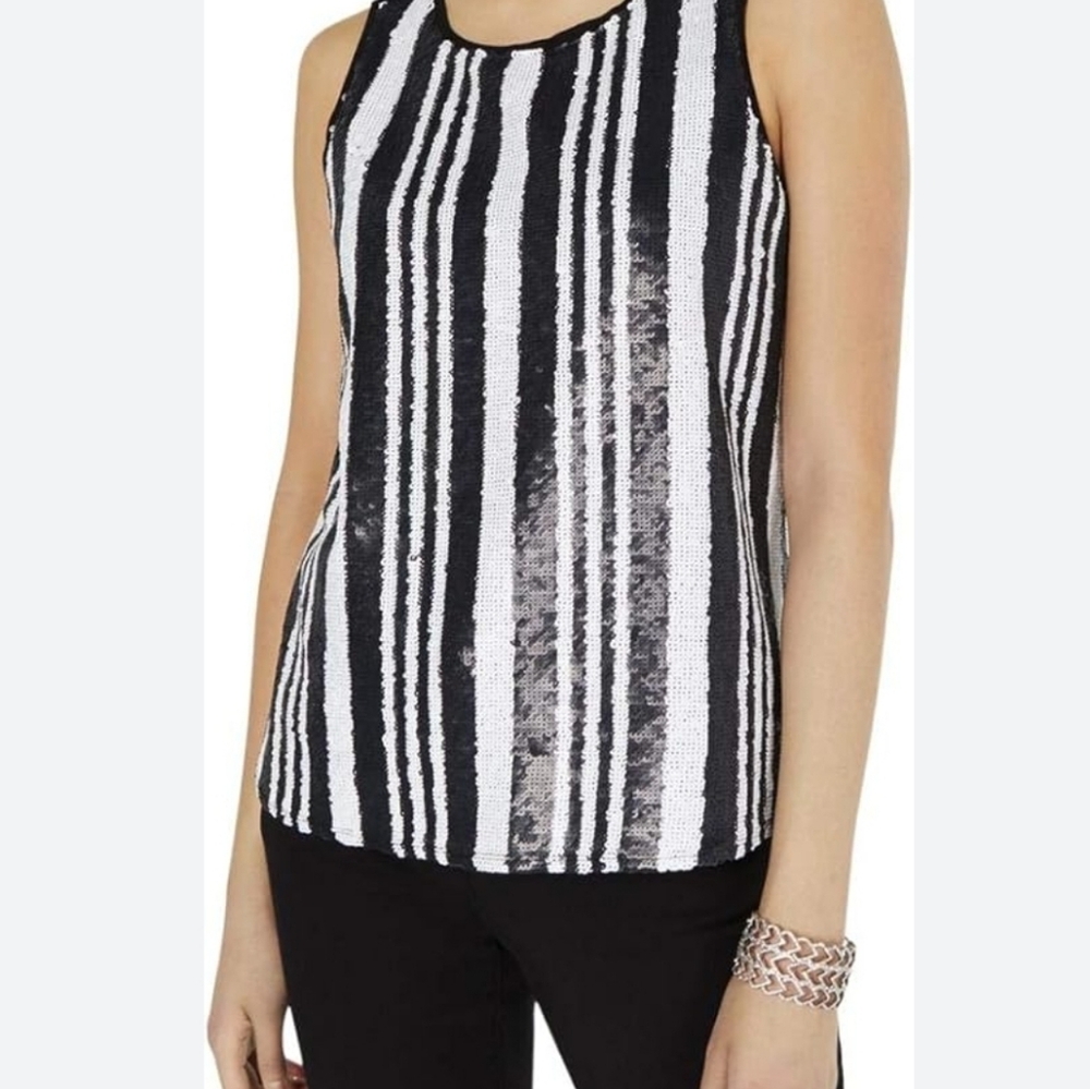 I.N.C. International Concepts Black & White Striped Sequins Top Size M